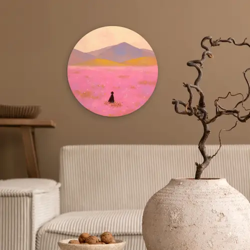 Bloemenweide - Heuvels - Silhouet - Roze Wandcirkel kunststof plaat 5mm dik klein -sfeer1