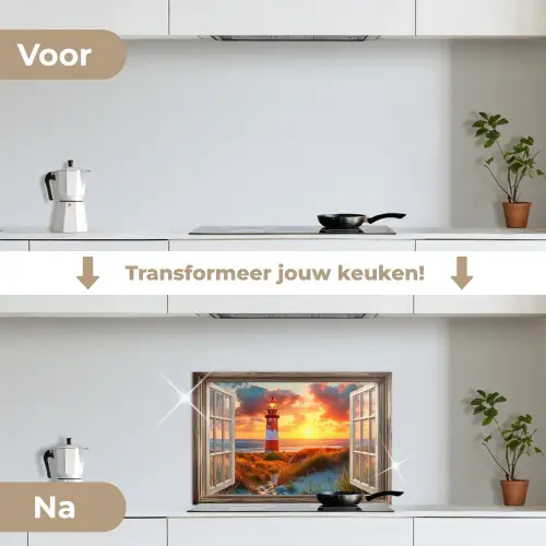 Doorkijk - Raam - Vuurtoren - Zonsondergang - Strand keuken achterwand spatscherm klein -voor_na_NL