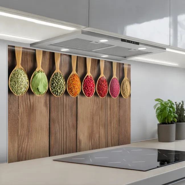 Spatscherm keuken - Lepels - Kruiden - Hout
