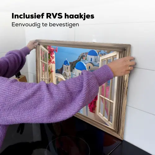 Doorkijk - Santorini - Landschap - Blauw - Grieks Inductie beschemer met haakjes klein -ky-ophangen-nl