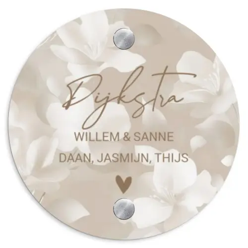 Beige bloemen - Sierlijk Naambord Rond klein -3d