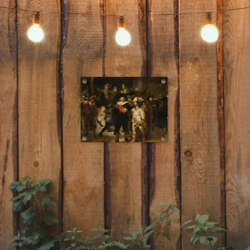 De Nachtwacht - Schilderij van Rembrandt van Rijn tuinposter los doek klein -sfeer1