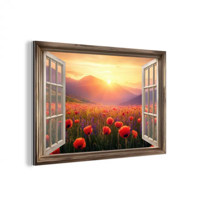 Doorkijk - Klaprozen - Bloemen - Rood - Open raam aluminium wit klein -3d
