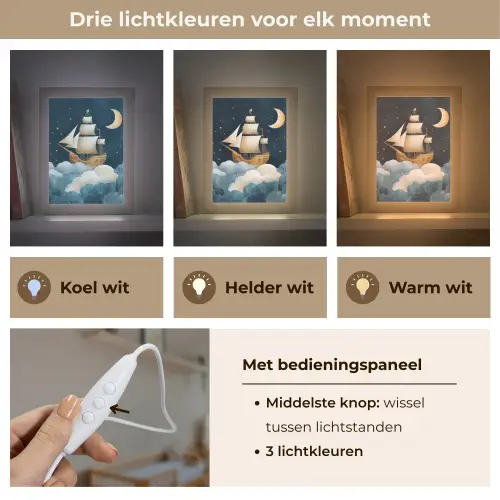 Zeilschip - Sterrenhemel - Wolken - Blauw Light Box met kabel klein -USP_lichtkleurNL