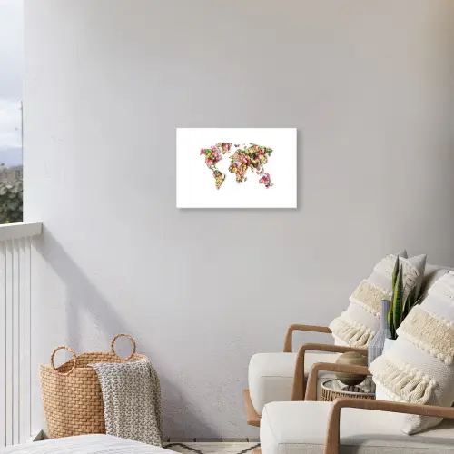 Wereldkaart - Bloemen - Felgekleurd Tuinposter op houten frame 2 cm dik klein -sfeer1