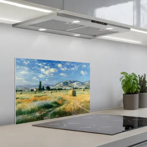 Landschap - Strobalen - Bergen - Wolken keuken achterwand spatscherm klein -3d_schuin
