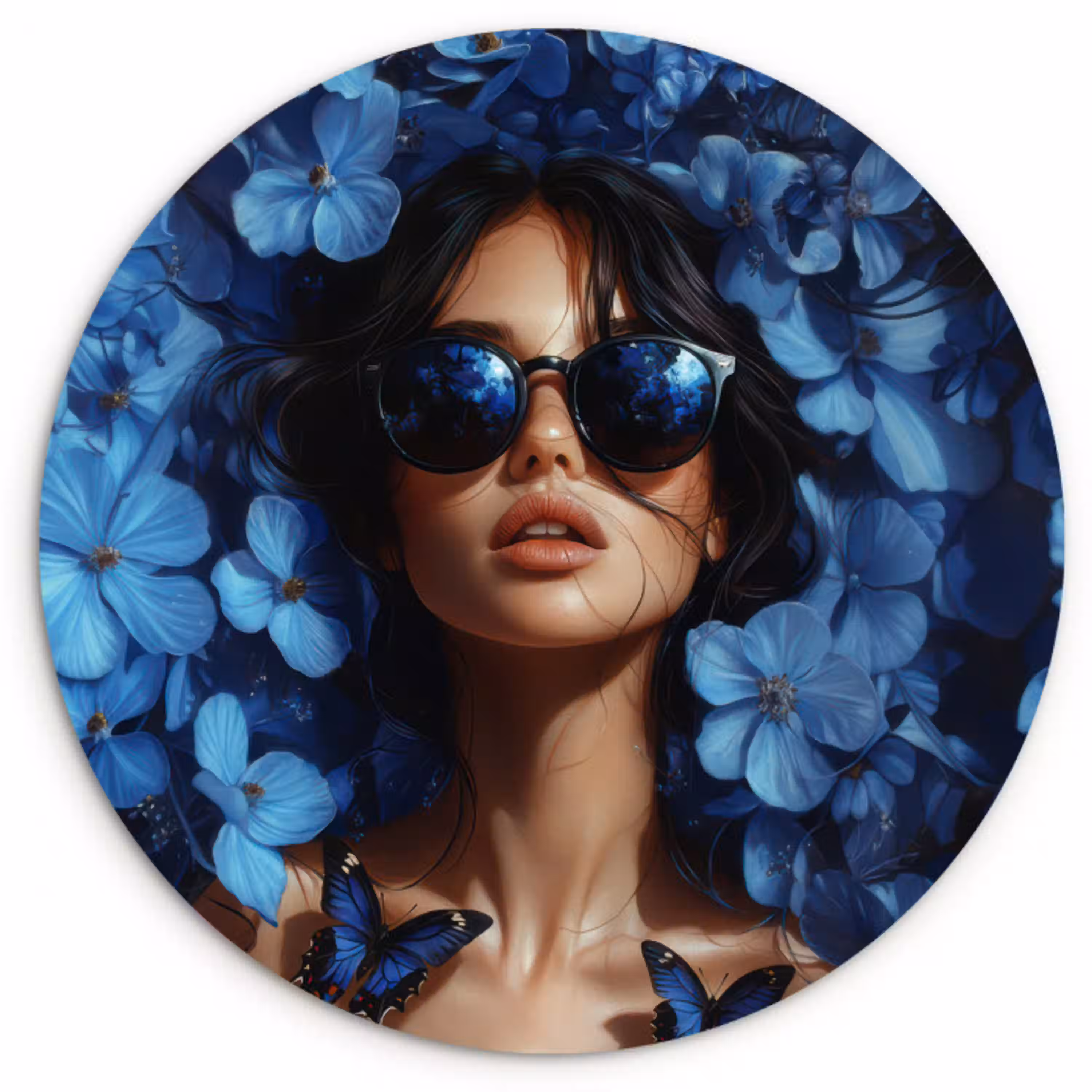 Vrouw - Blauw - Bloemen - Vlinders - Natuur Wandcirkel plexiglas klein -3d