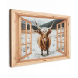 Schotse Hooglander - Landschap - Landelijk - Bergen - Winter - Doorkijk Tuinposter op houten frame 2 cm dik klein -3d