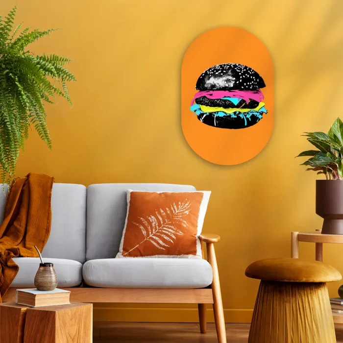 Hamburger - Oranje - Neon - popart Wandcirkel Ovaal Forex klein -sfeer4