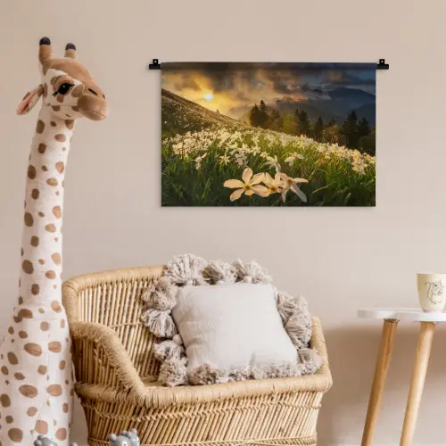 Bloemenveld - Heuvels - Zonsondergang - Berg - Natuur - Wit - Heuvels Wandkleed katoen klein -wsfeer5_kind
