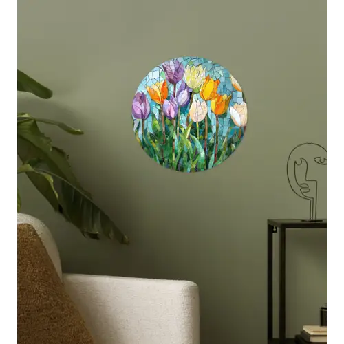 Mozaïek - Veld - Tulpen - Kleurrijk Wandcirkel behangsticker klein -sfeer2