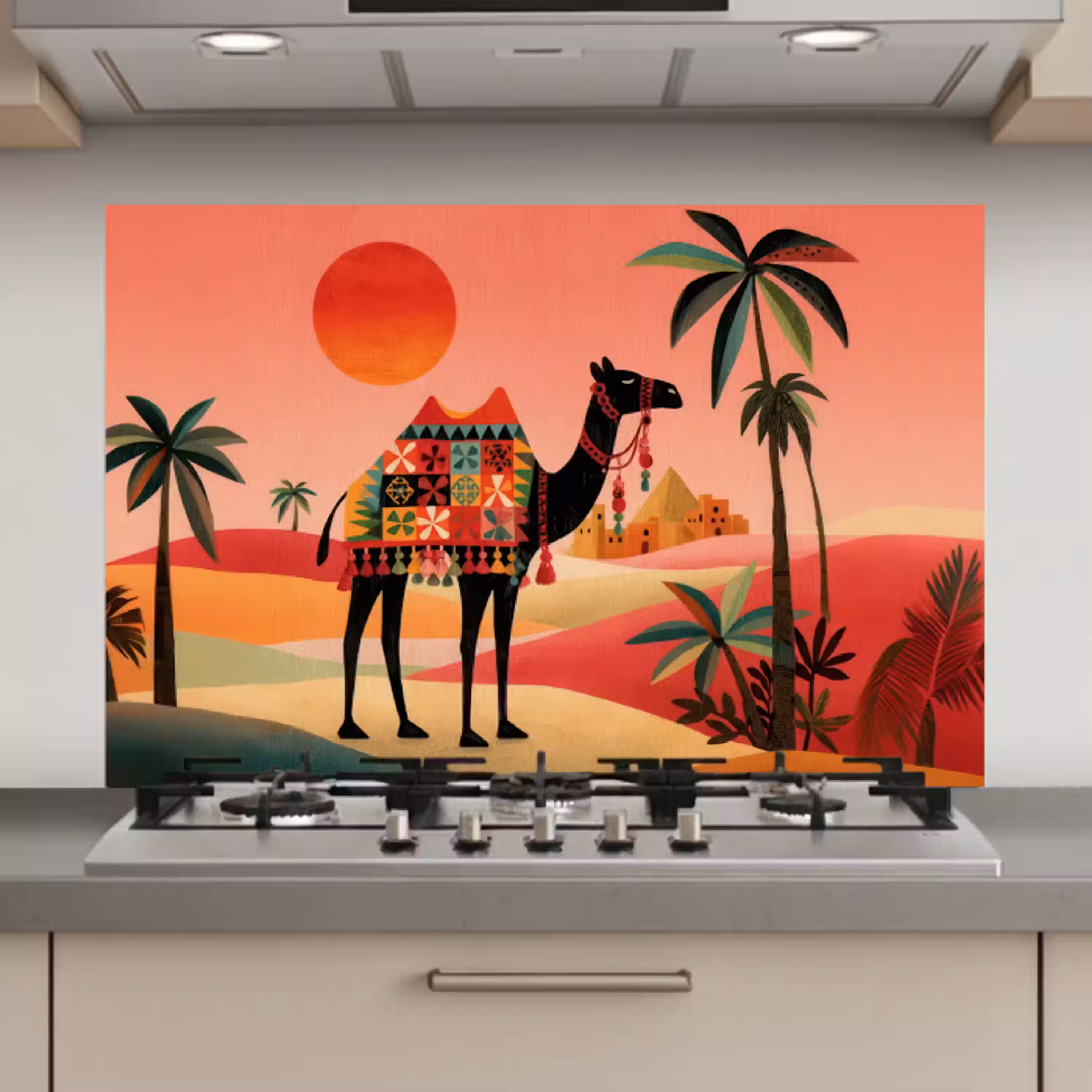 Kameel - Gekleurd tapijt - Duinen - Rode zon keuken achterwand spatscherm klein -3d_website