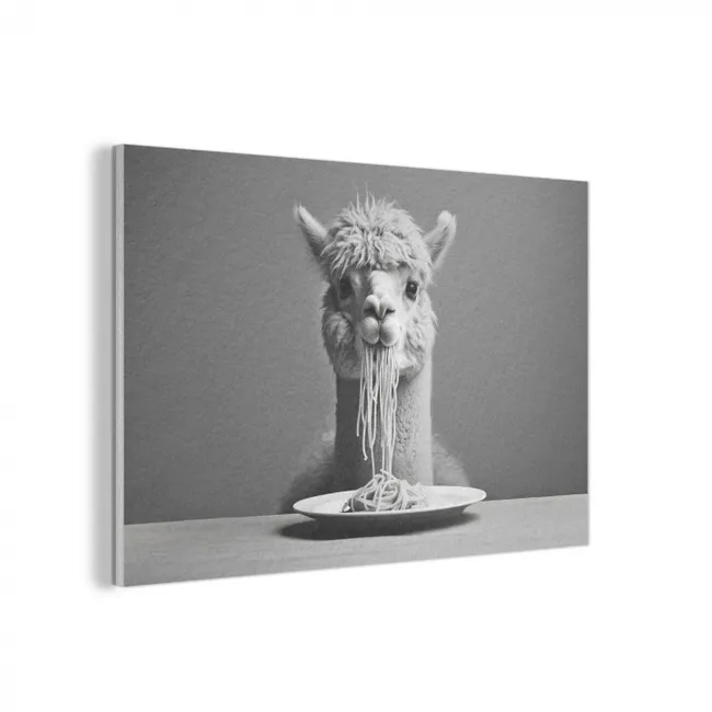Akoestisch schilderij - Alpaca - Pasta - Zwart - Wit - Grappig - Dieren