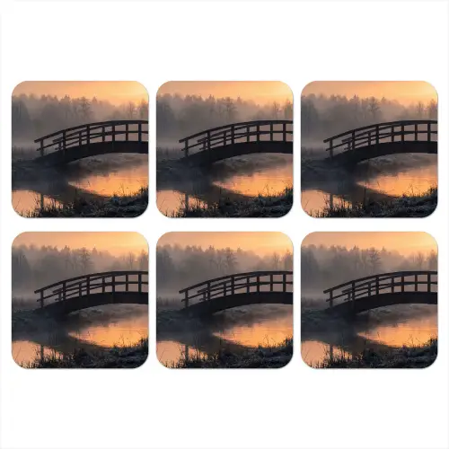 Brug - Mist - Bomen - Water onderzetter kurk middel -3d