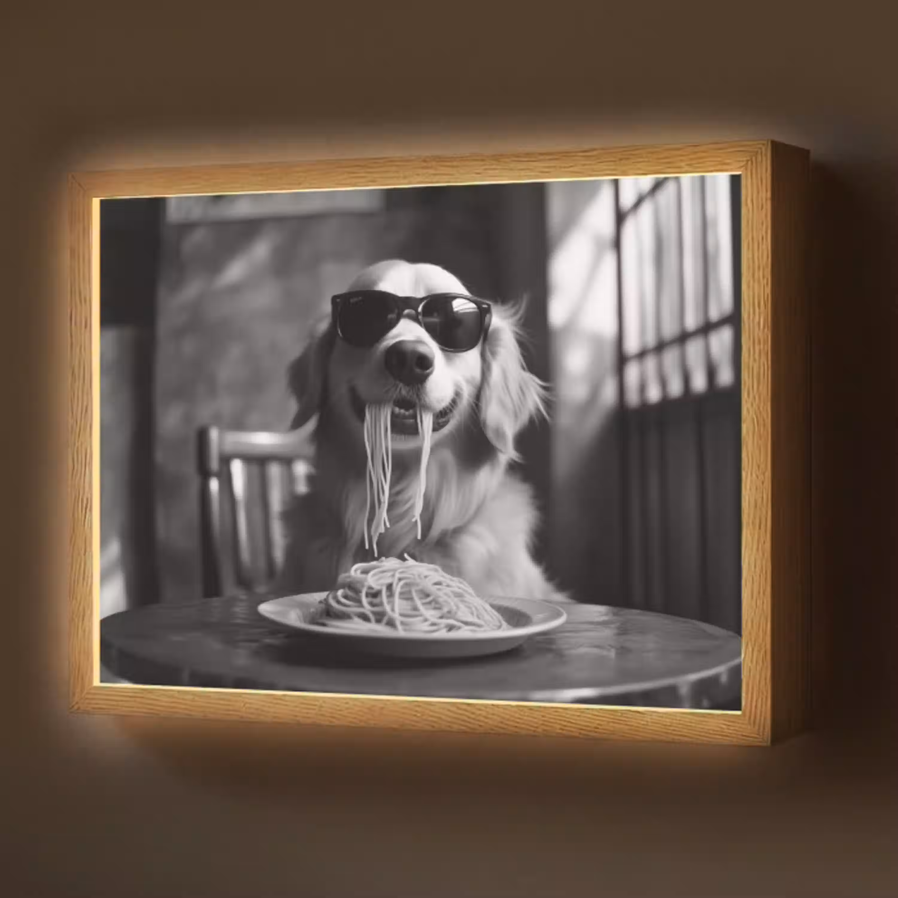 Golden Retriever - Hond - Vrolijk -  Bord spaghetti - Zwart - wit Light Box met batterij (Wandlamp) middel -z3d_website