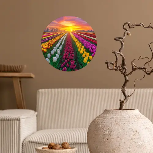 Tulpenveld - Zonsondergang - Kleurrijk Wandcirkel behangsticker klein -sfeer1
