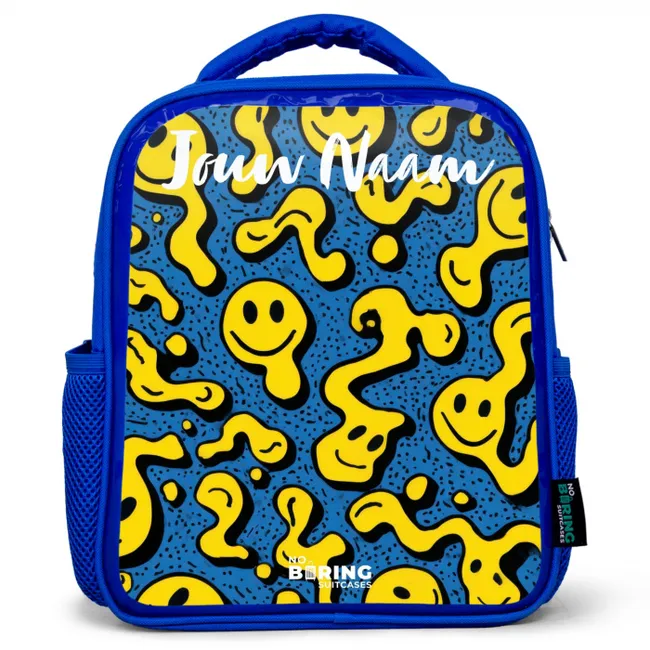 Rugzak kind met naam - Blauw Smiley - Geel - Blauw
