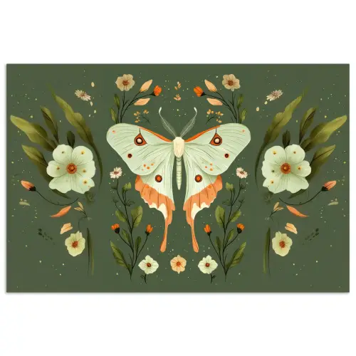Bloemen - Bladeren - Olijfgroen - Vlinder poster papier klein -3d