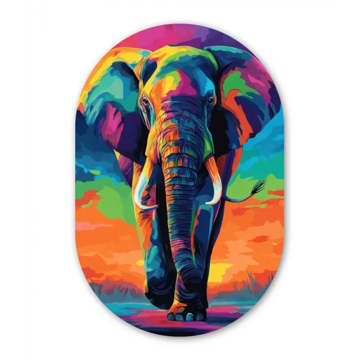 Olifant - Kleurrijk - Lucht - Abstract Wandcirkel Ovaal Glas middel -3d