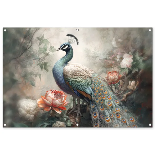 Tuinposter - Pauw - Pauwenveren - Vogel - Jungle - Bloemen