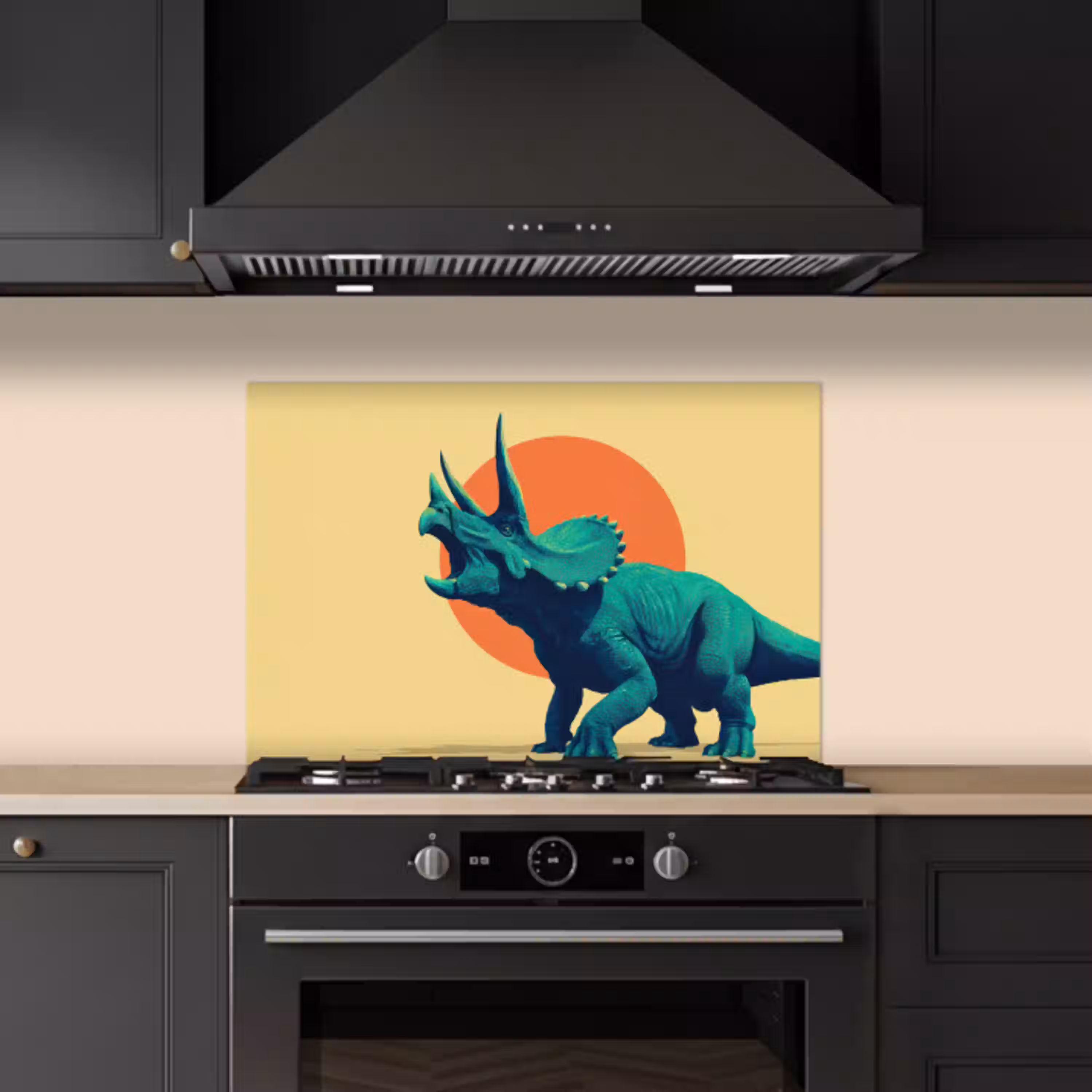 Triceratops - Cirkel - Oranje - Hoorns keuken achterwand spatscherm klein -sfeer1