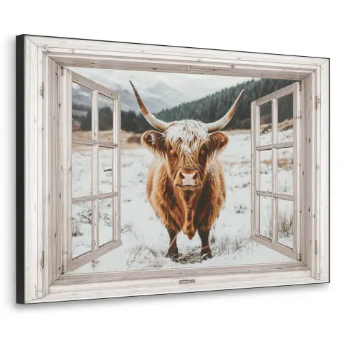Schotse Hooglander - Winterlandschap - Landelijk - Bergen - Doorkijk Textielframe zwart klein -3d