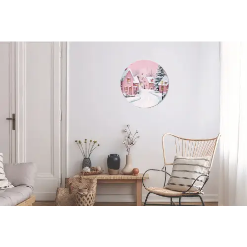 Kerstdorp - Roze - Winter - Sneeuw - Huizen Wandcirkel aluminium klein -woonkamer
