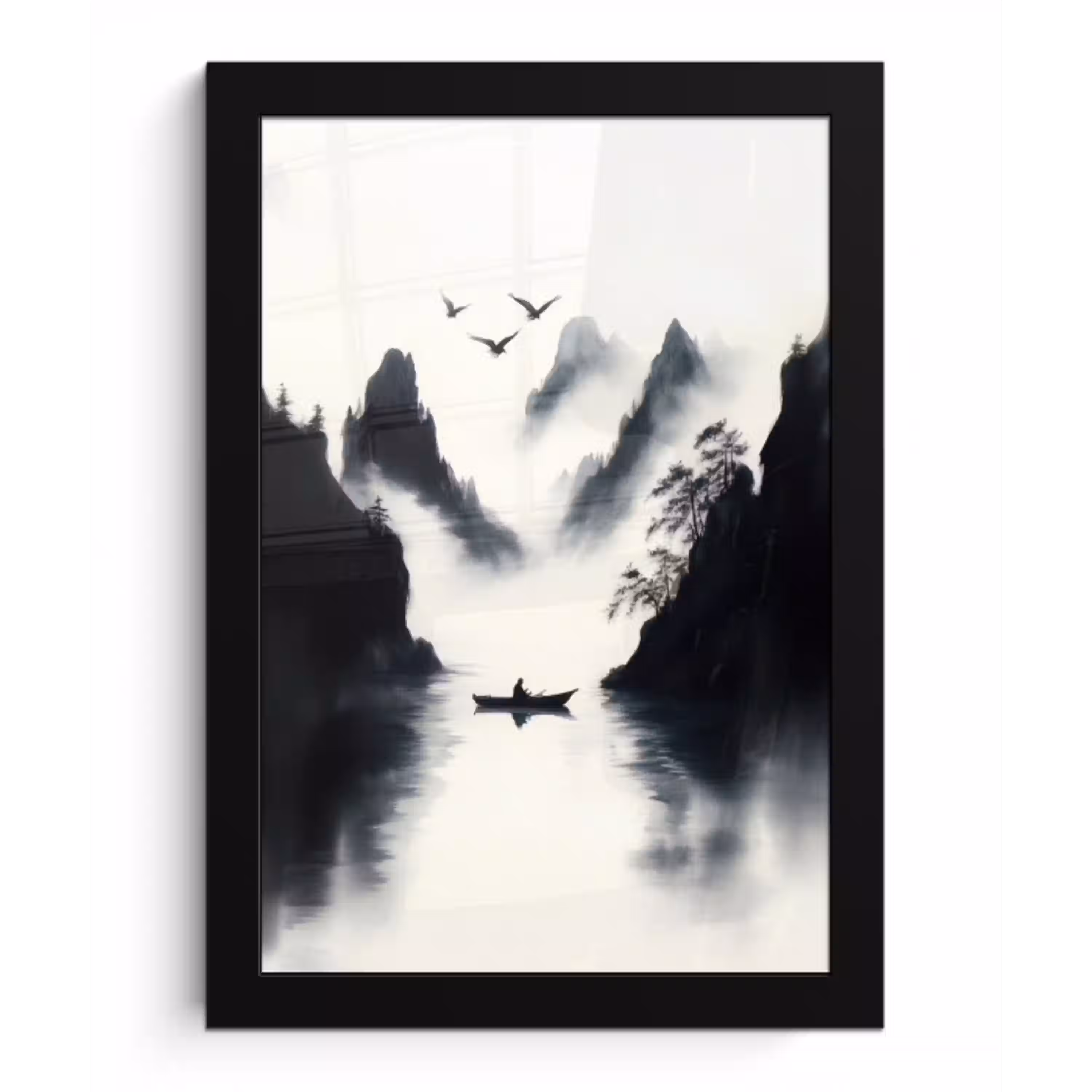 Roeiboot - Mistig - Bergen - Vogels fotolijst zwart zonder passe partout klein -3d