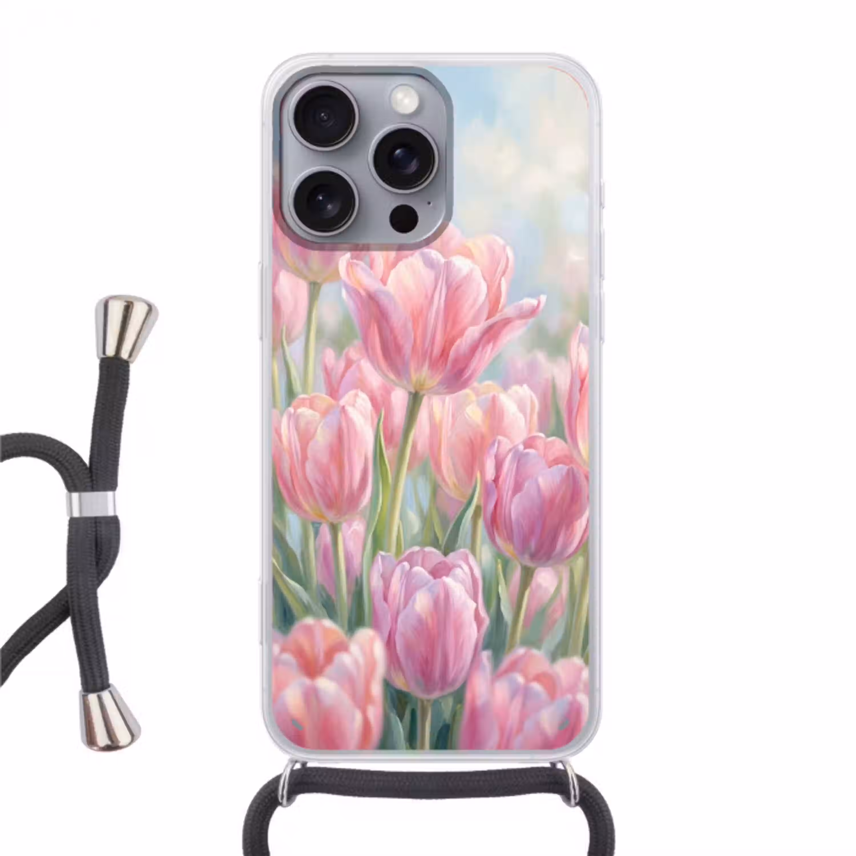 Tulpen - Veld - Lente - Roze Hoesje iPhone 16 Pro Max met koord klein -3d