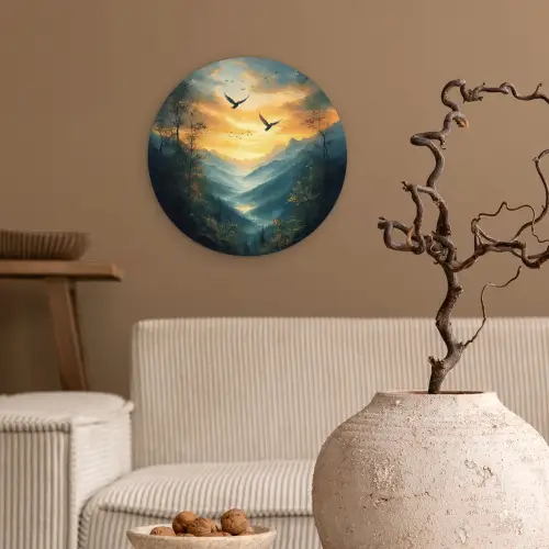 Vogels - Zon - Bomen - Groen Wandcirkel kunststof plaat 5mm dik klein -sfeer1
