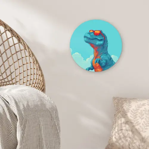 T-Rex - Blauw - Wolken - Zonnebril Wandcirkel kunststof plaat 5mm dik klein -sfeer5