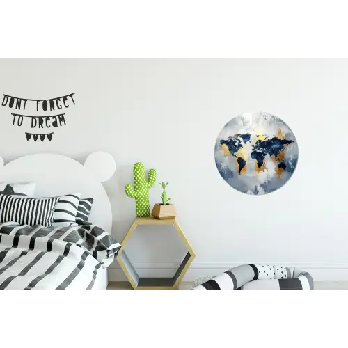 Wereldkaart - Blauw - Abstract Wandcirkel aluminium klein -kinderkamer
