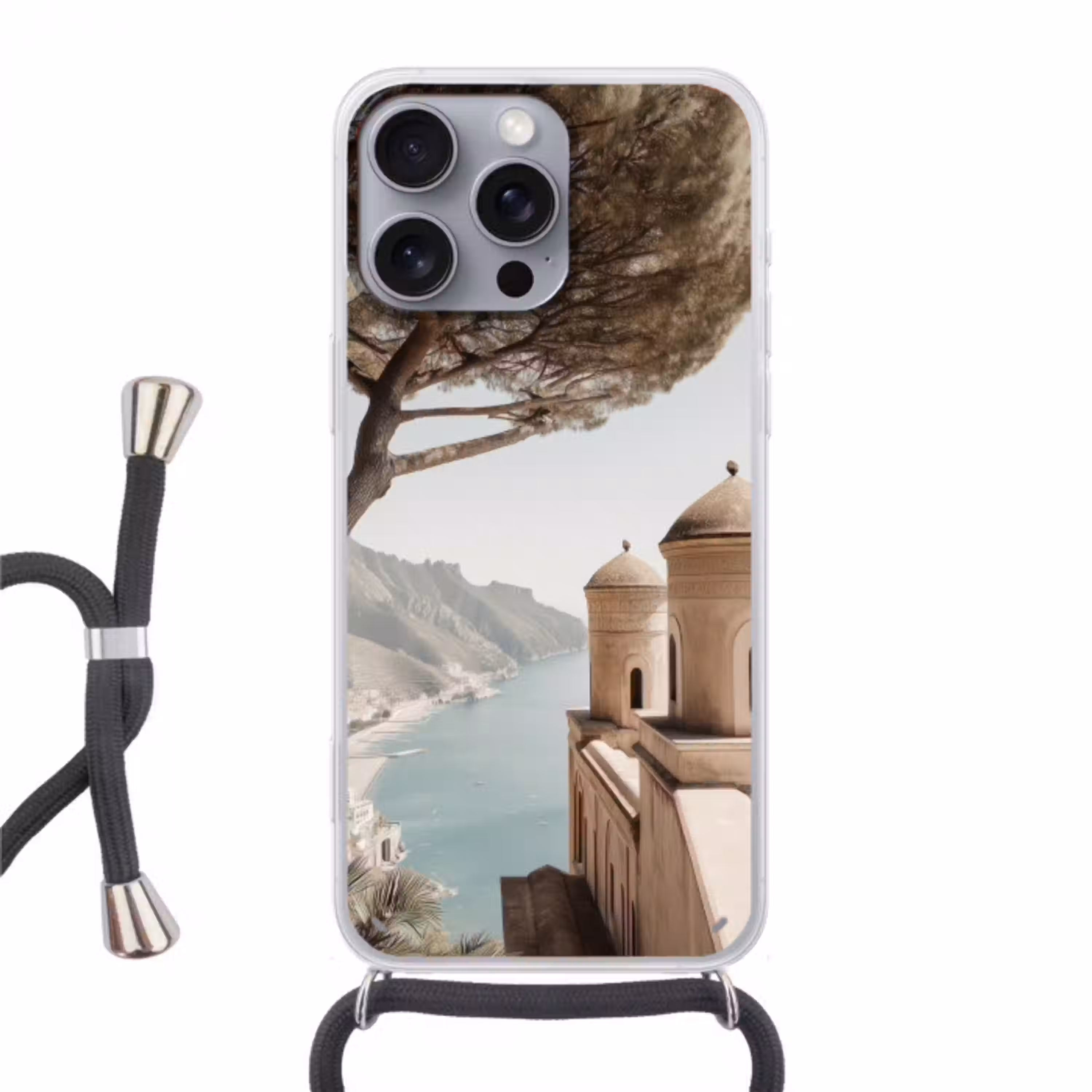 Kust - Klif - Boom - Gebouw Hoesje iPhone 16 Pro Max met koord klein -3d
