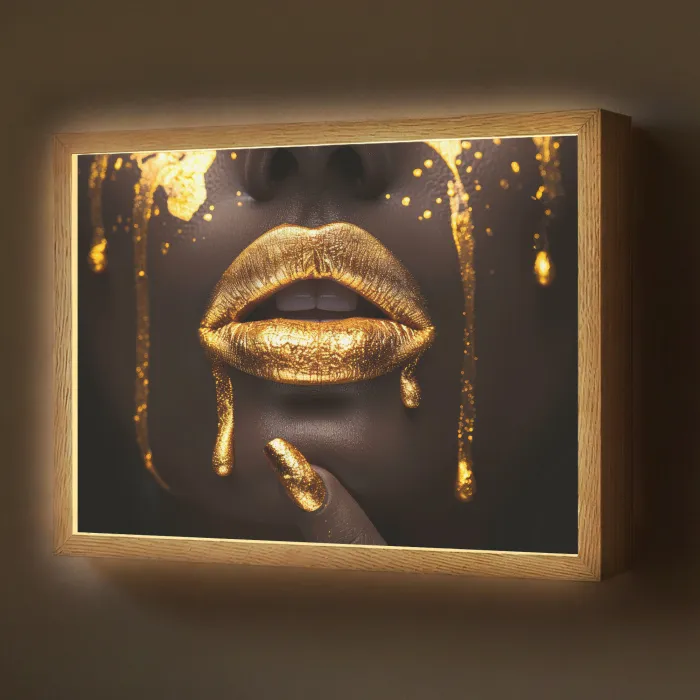Gouden lippen - Gezicht - Vrouw - Modern Light Box met batterij (Wandlamp) middel -z3d_website