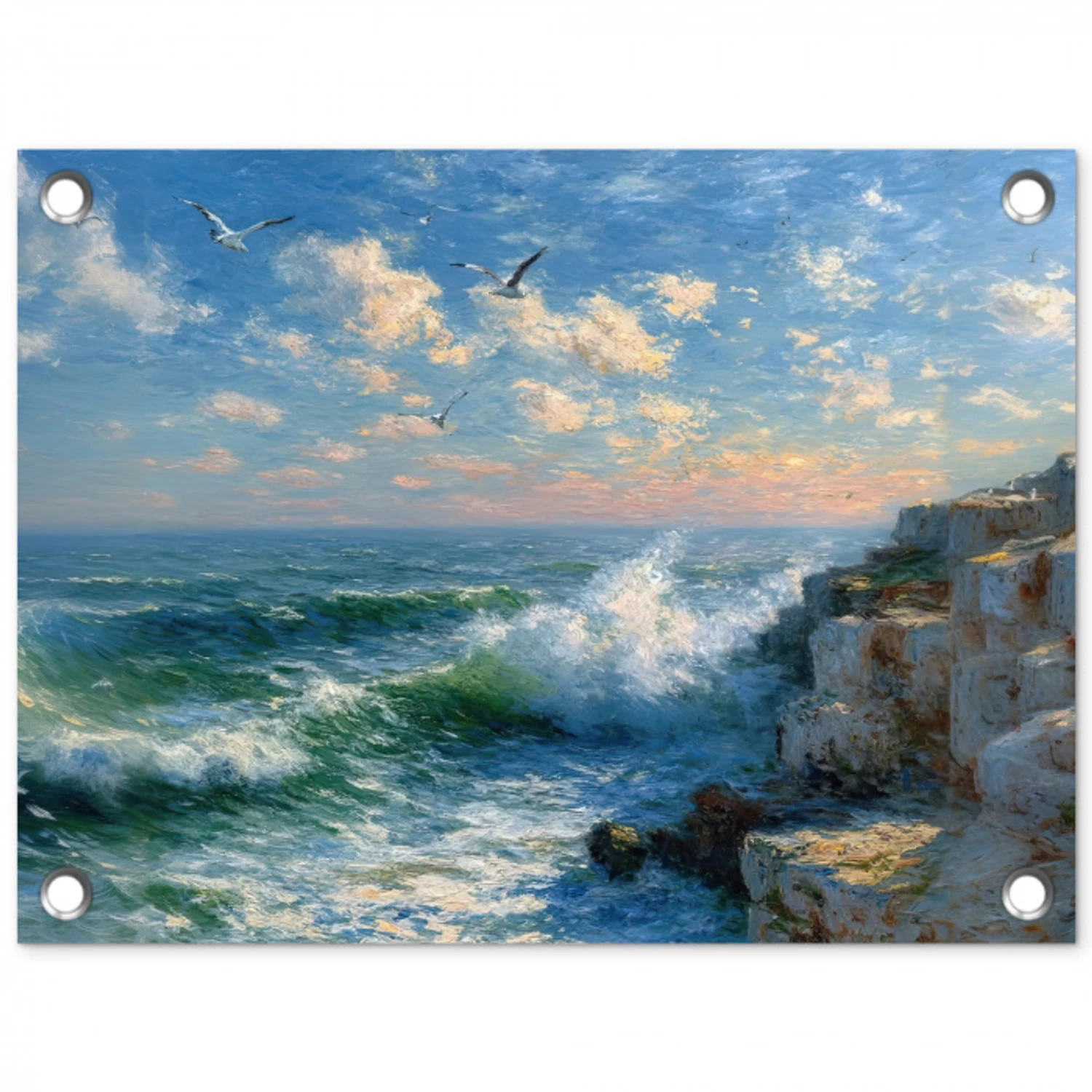 Zee - Golven - Rotsen - Meeuwen tuinposter los doek klein -3d