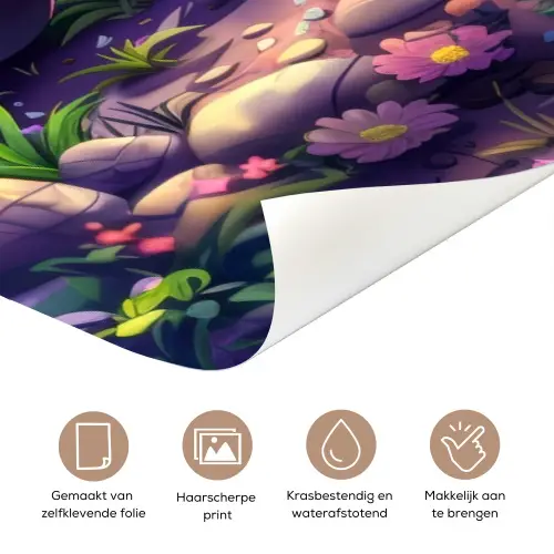 Süßer Dino im Blumenfeld mit Namensfeld. deurposter klein -closeup_NL