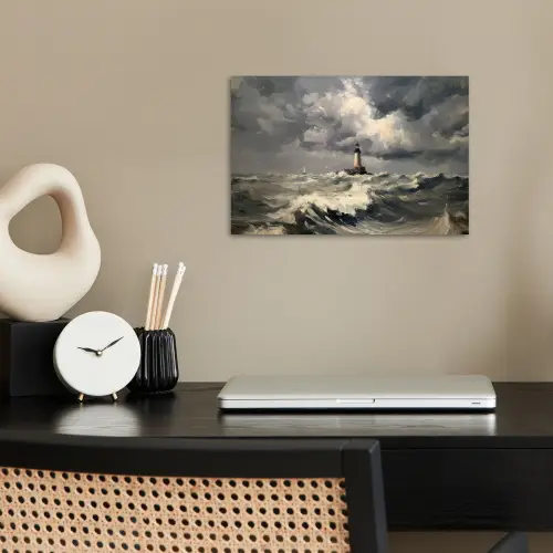 Vuurtoren - Golven - Storm poster papier klein -sfeer1