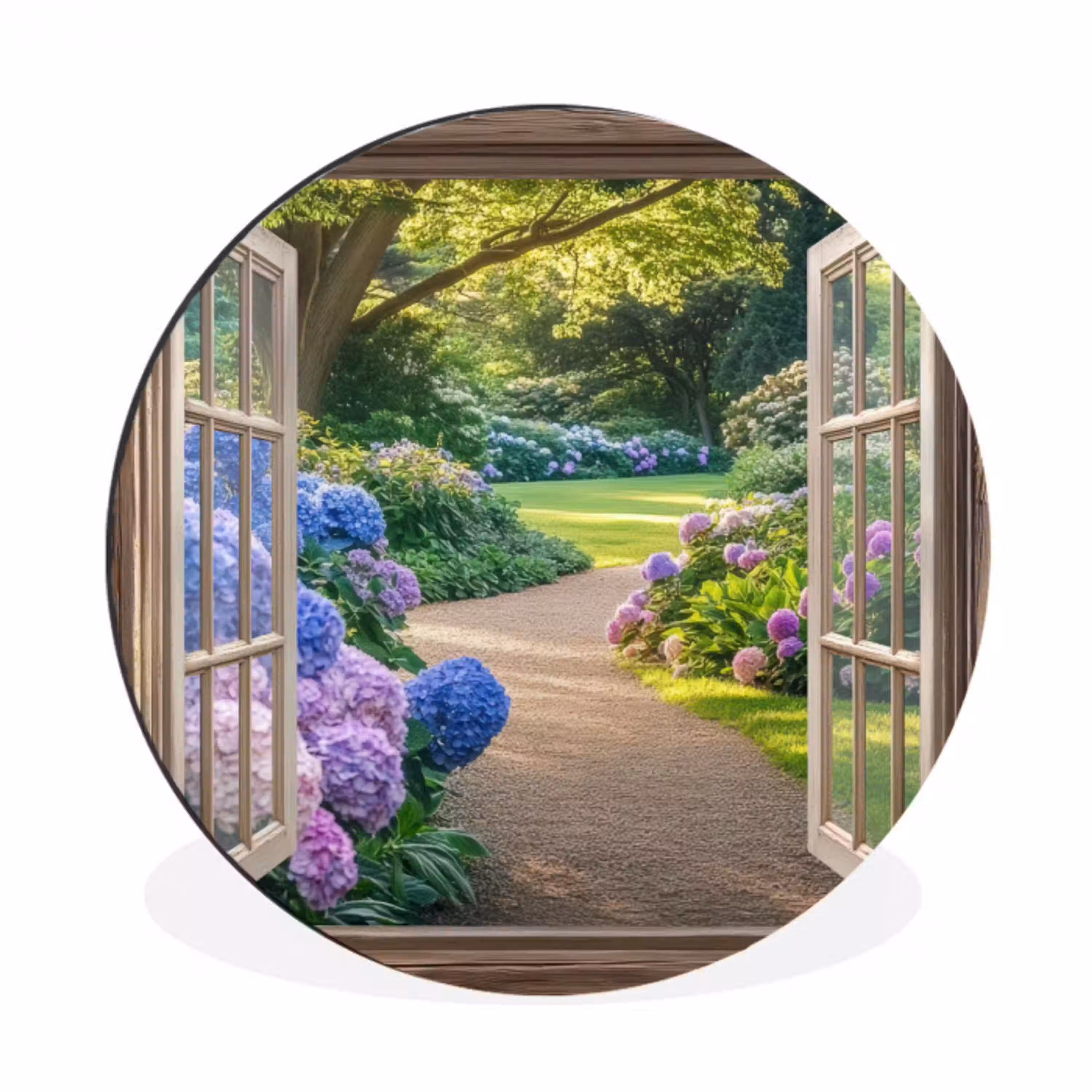 Doorkijk - Tuin - Raam - Hortensia - Bloemen Wandcirkel aluminium klein -3d
