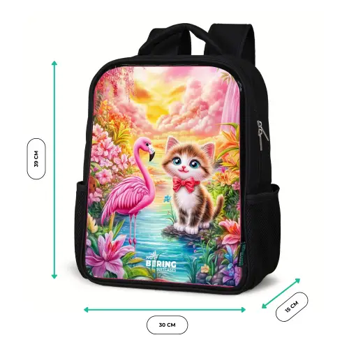 Kitten met flamingo in tropisch bloemenparadijs Rugzak - Zwart middel -productfoto_formaten