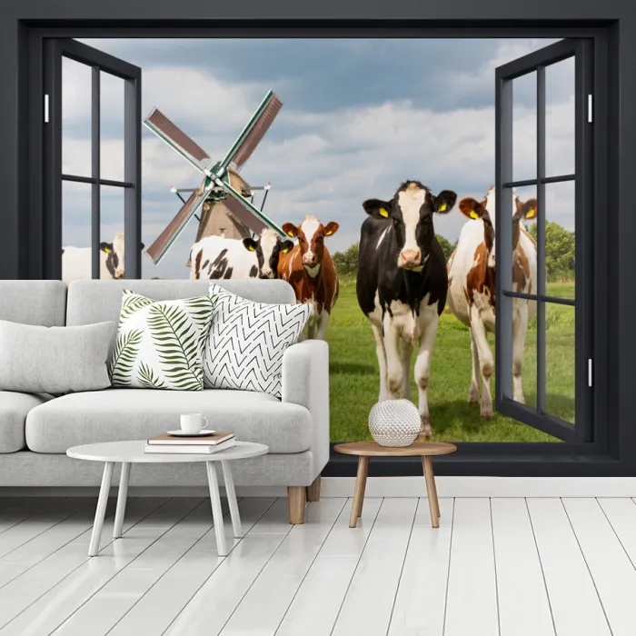Doorkijk - Koe - Molen - Koeien - Weiland - Gras - Groen fotobehang vinyl groot -woonkamer