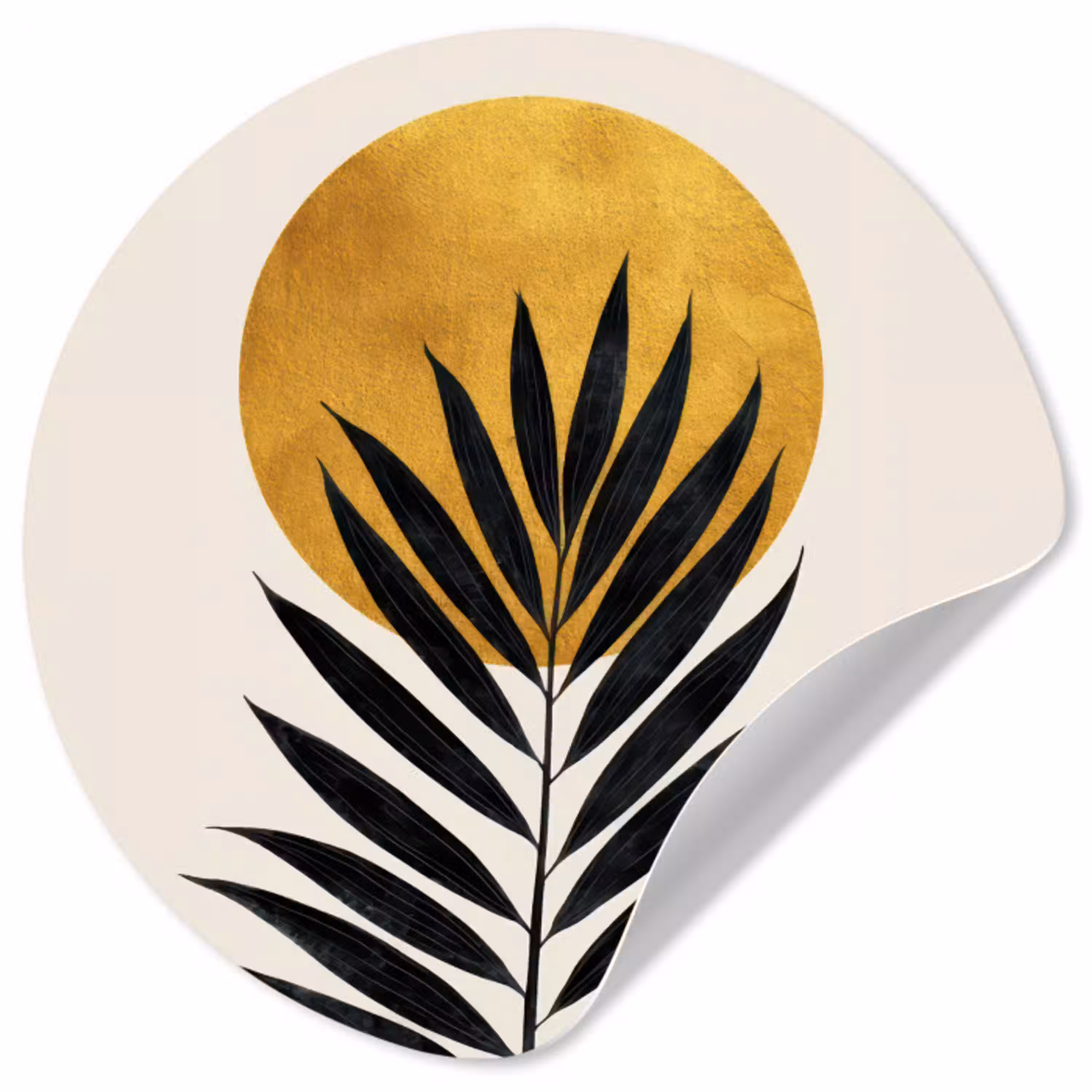 Zwart palmblad - Gouden cirkel - Beige achtergrond Wandcirkel behangsticker klein -3d
