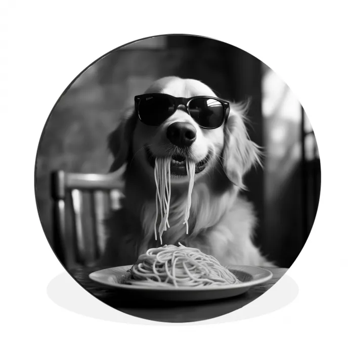 Golden Retriever - Hond - Vrolijk -  Bord spaghetti - Zwart - wit Wandcirkel aluminium klein -3d