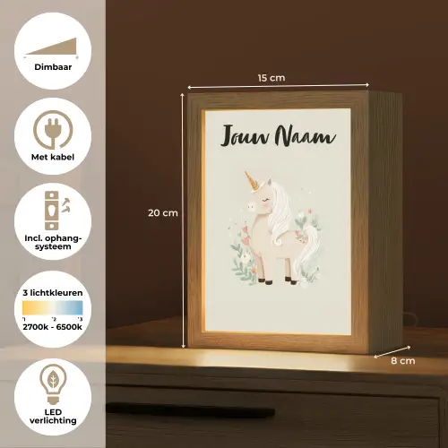 Beige - Eenhoorn - Minimalistisch - Bloemen Light Box met kabel (Kinderlampje) klein -USP_NL
