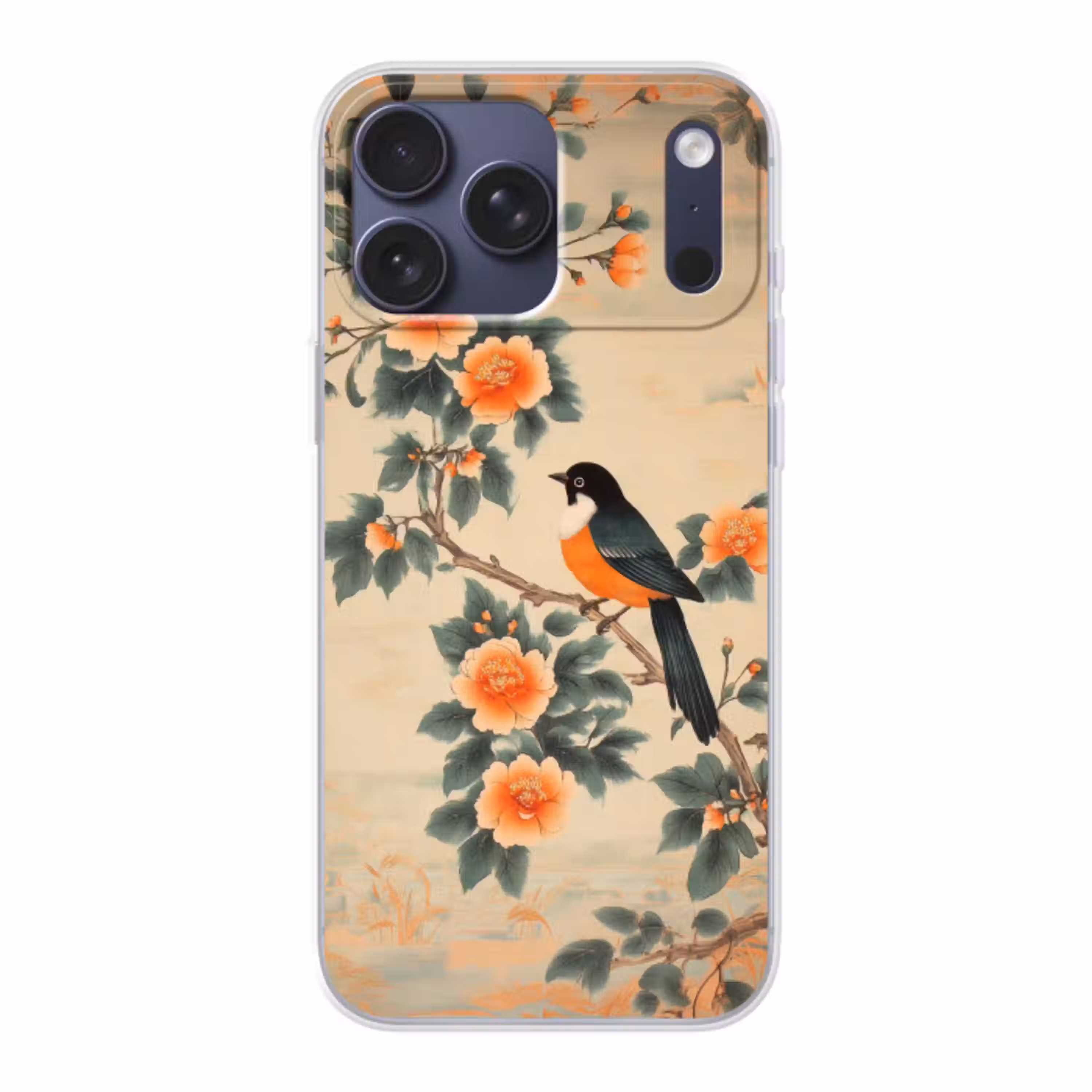 Vogel - Tak - Bloemen - Oranje Telefoonhoesje iPhone 17 Pro Max klein -3d