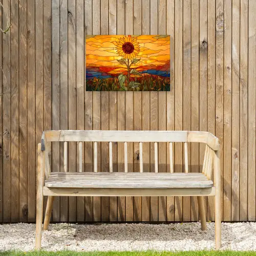 Zonnebloem - Mozaïek - Zonsondergang - Geel Tuinposter op houten frame 2 cm dik klein -sfeer4
