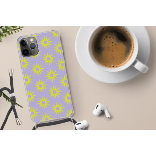 Zonnen patroon - Geel - Paars - Zomer Hoesje iPhone 12 Pro met koord klein -oordop