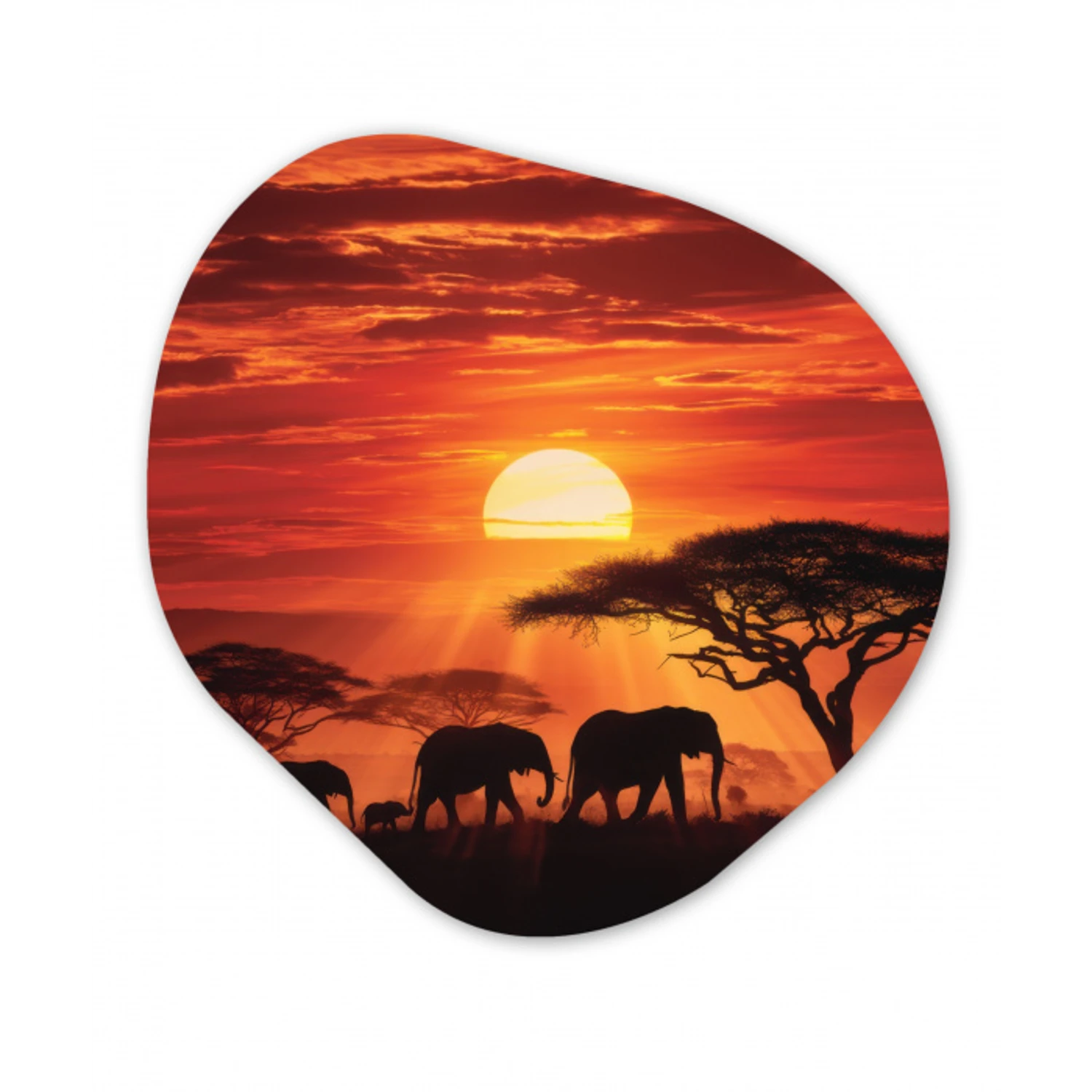 Savanne - Olifanten - Zonsondergang Wandcirkel Organisch Aluminium middel -3d