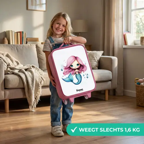 Zeemeermin met roze haar en blauwe staart tussen luchtbellen Kinderkoffer - Roze klein -sfeer2_NL