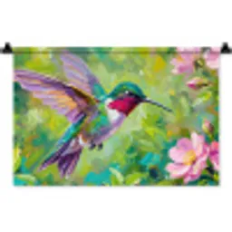 Kolibrie - Bloemen - Natuur - Kleurrijk Wandkleed katoen klein -zz3d