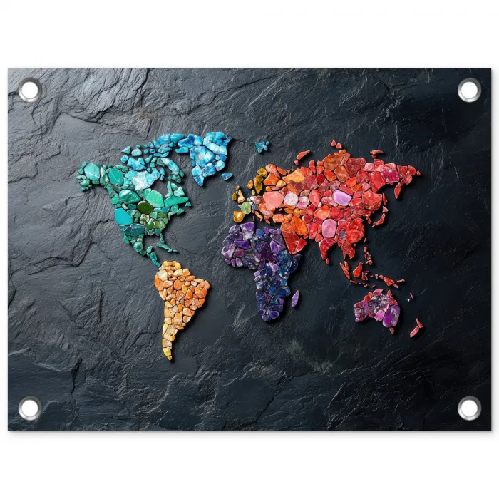 Wereldkaart - Edelstenen - Regenboog - Ruw tuinposter los doek klein -3d